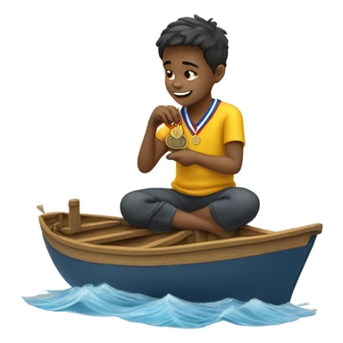 boy puts medal on his sailing boat sticker