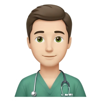 a male doctor with green scrubs, little smile sticker