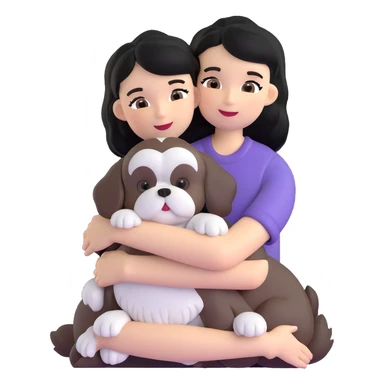 A girl with black hair hugging a Shih Tzu dog sticker