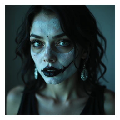 realistic horror portrait of a beautiful woman with ghostly glow, sharp features, dark lipstick, gothic earrings, supernatural horror sticker