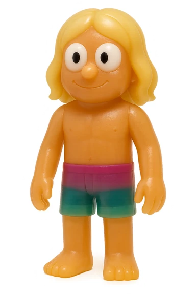 full-body surfer bro, retro 90's toy style, very transparent and slightly see-through, natural tan skin, blonde hair, colorful shorts, large white eyeballs with small black pupils, soft plastic texture, soft reflections, soft and squishy, some cloudiness, not shiny, highly detailed, appealing, no tag, no background sticker