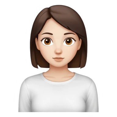 A woman with a round face, pale, light skin, big round nose, cute doe eyes, a white long sleeve shirt with a square shape cut in the t shirt near the neck area, and dark brown hair and brown eyes sticker