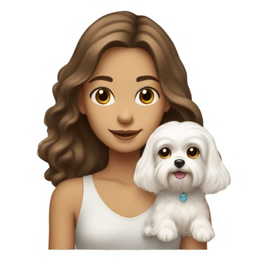 A girl with long wavy brown hair and brown eyes holds a small maltese white dog. sticker