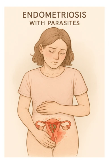 Donna che ha l'endometriosi per via dei parassiti alle parti intime (censura se necessario). in italiano sticker