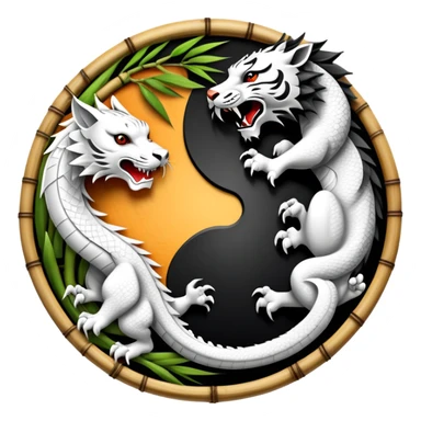An icon symbolizing Eastern martial arts in the style of an emblem, featuring a black-and-white Yin-Yang symbol, a dragon, and a tiger. The dragon and tiger represent strength and agility, surrounding the symbol. Traditional elements like bamboo add to the design. Transparent background. sticker