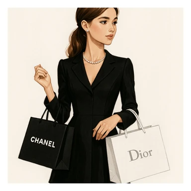 A respectable girl holding shopping bags from Chanel and Dior, elegant and stylish, modern fashion illustration. sticker