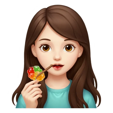 beautiful pale brunette girl with long hair eating a stick of jelly sticker