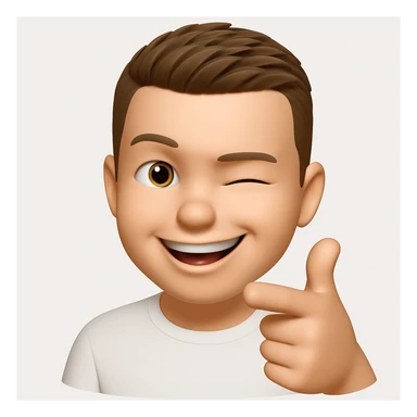 Based on these photos, make an emoji with facial features preserved, a man in a white T-shirt, winking, pointing forward sticker