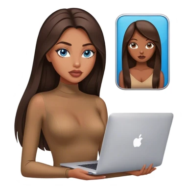 Glamours tanned very beautiful girl with big pump peach lips and dark chocolate straight smooth long hair, blue eyes in brown/beige bodysuit with MacBook sticker