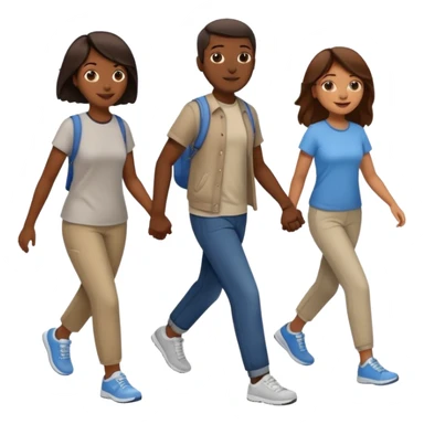 iOS emoji style - a dark men and 2 brown women in casual clothes and wearing trainers. Walking in the same direction quickly together. 
Not holding hands. No backpacks. 
 sticker