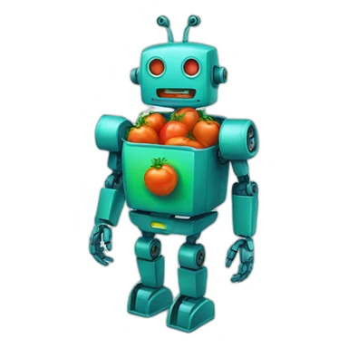 A blue-green robot that eats carrots and tomatoes sticker