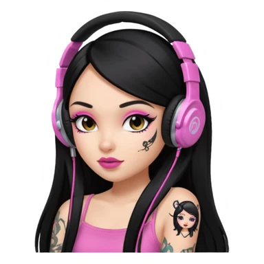 generate a pretty bratz girl with black long straight hair and headphones on, tattoo on shoulder, eyeliner on sticker