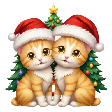 2 hazel eyed cute hugging happy fluffy gold twin kittens with Santa hats by a colorful multicolored brightly lit up Christmas trees sticker