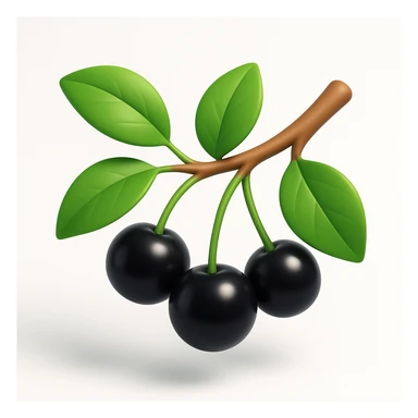 Redraw the cherry branch with black berries and green leaves in a modern 3D iOS style, adding volume, expressive light and shadow, and a clean background. Maintain a contemporary and polished look suitable for iOS design. sticker