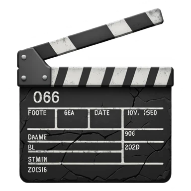 Minimalist emoji-style sticker of a cracked movie clapperboard with the date “06/06/66”, faint scorched marks, all in grayscale


 sticker