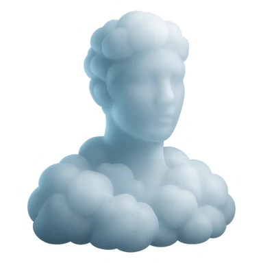 person looking straight, made entirely of white fluffy convex clouds, shoulder up, matte glass style, clouds with slight transparency, no background sticker
