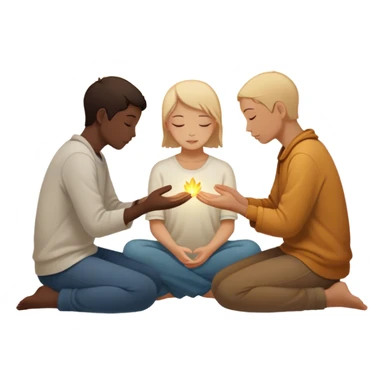 A silhouette of a person sitting with their head down, surrounded by two souls—one offering a hand and another radiating warmth, symbolizing kindness. A soft light behind them represents hope, unseen but present. 🌅 sticker