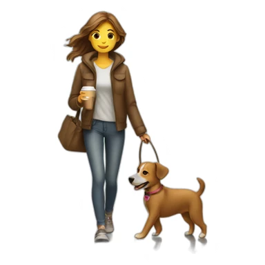 A dog walking with a girl holding a coffee sticker