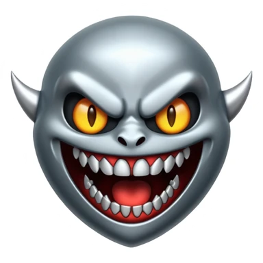 Stylized emoji icon of metallic teeth with sharp fangs, chrome texture, dark shadows, aggressive look sticker