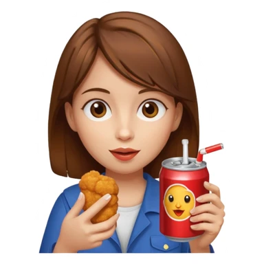 brown hair girl eating chicken nugget and holding a soda can sticker