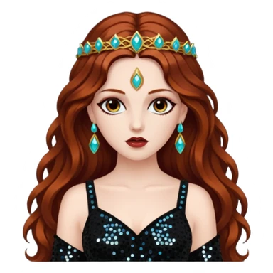 Persephone, Goddess of Death from Gods and Goddesses with long dark auburn hair, black sequin outfit sticker