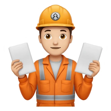 emoji style railway engineer full body in orange overalls, carrying one piece of paper with both hands in front of him sticker