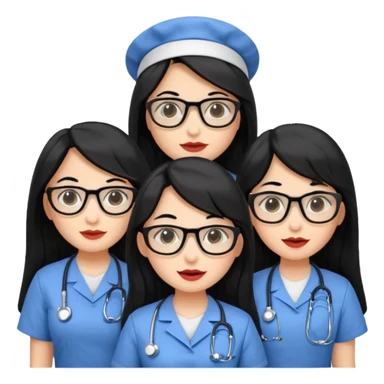 Genera emogis de 4 cuatro enfermeras de cabello negro largo, entre ellas que una tenga lentes y otra un lunar encima de los labios sticker