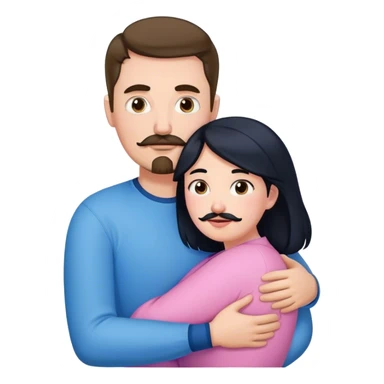 Tall white man with brown mustache goatee wearing blue hugging a chubby short pale woman with long black hair wearing pink sticker