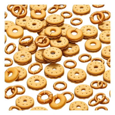 small scattered assortment of bite-sized savory crackers in golden tones, sticks, rings, mini pretzel shapes, slightly glossy baked surface, crisp texture, visible salt crystals, grainy toppings, no bowl, no packaging, no extras, just biscuits, soft lighting, subtle shadows, emoji scale sticker