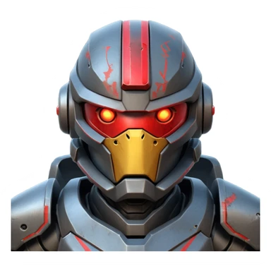 futuristic war robot portrait, head and shoulders only, aggressive design, sharp armor edges, glowing red eyes, battle-damaged helmet faceplate, heavy armor collar, intense dramatic lighting, sci-fi metal textures, 3D cartoon, mobile game icon style, clean background, no text, no watermark
 sticker