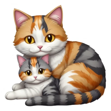 full body colourful light patched calico + white tabby cat cuddling a big dark grey and white tabby cat  sticker