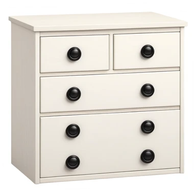 IKEA-inspired white 6-drawer chest, one tiny black knob per drawer, realistic depth and dimension sticker