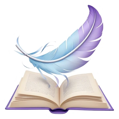 Create a delicate and poetic emoji representing poetry. The design should feature several elegantly flying pages with short poetic columns written on them. The pages should appear light and flowing, almost as if being carried by the wind. Include a white feather gently resting on the pages, symbolizing creativity and inspiration. Use soft, pastel tones like light blues, purples, and creams to give it a dreamy, artistic feel. The design should feel ethereal and whimsical, capturing the essence of poetry. Make the background transparent. sticker