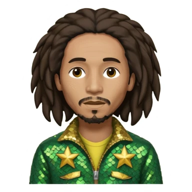 Bob Marley with long dark brown hair, olive sequin outfit sticker