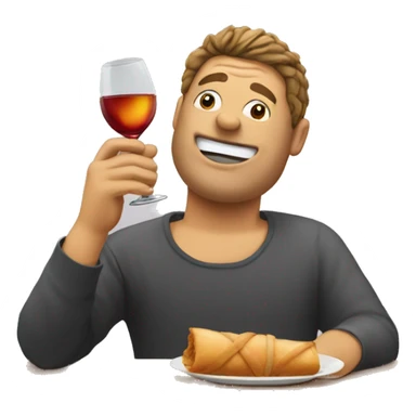 Guy drinking wines and eating egg roll sticker