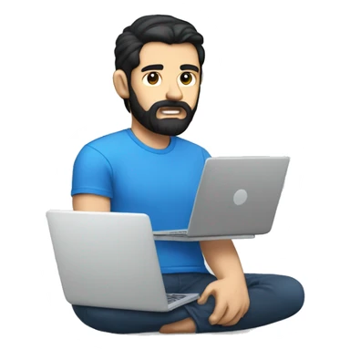white guy with beard black hair thin face typing in laptop wearing blue t-shirt sticker