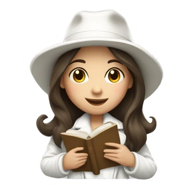 brunette girl in a white jacket in a white hat hugs a book sticker