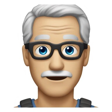 An old man with short grey hair, blue eyes, and a robber mask sticker