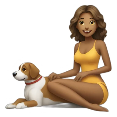 a woman sitting on the beach with a dog sticker