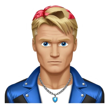 Dolph Lundgern with shirtless with necklace, blue eyes, dark blonde hair, metallic black jacket sticker