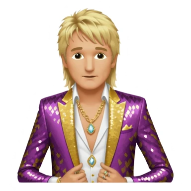 Rod Stewart with long blonde hair, gold sequin suit jacket, shirtless with necklace sticker