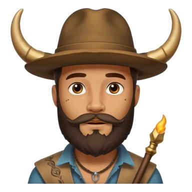 Bearded figure — large brown hat with horn, tattoo on face sticker