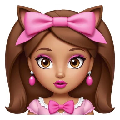 Bratz doll character with brown hair, pink bow, large lips, and almond-shaped foxy eyes sticker