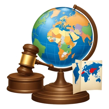 An icon featuring a globe with a gavel and a political map, symbolizing political science. The design includes a ballot box and a podium, representing democracy and governance. Transparent background highlights the study of political systems and global relations. sticker