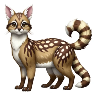 Colorful dark realistic chocolate-brown tropical beige fur glorious divine exotic cute cool beautiful shiny beautiful fantasy-Furret-Eevee-caracal-civet-genet-sergal-vernid-Cacomistle-oncilla-animal-Fakémon-hybrid-fursona with white deer-spots pattern markings (full body) sticker