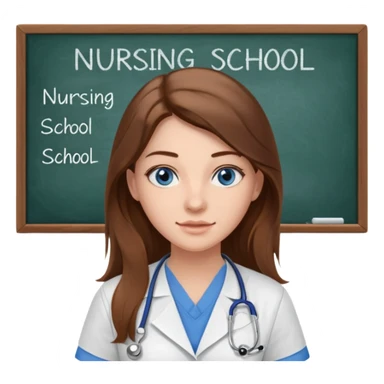 inside a classroom at university that says nursing school on the board with a pretty female nursing student with long brown hair, blue eyes sticker