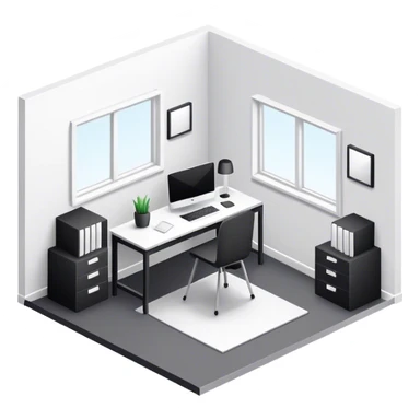 An isometric 3D room with two white walls that meet at the back left and right and a single Window. Black and White Home Office Room sticker