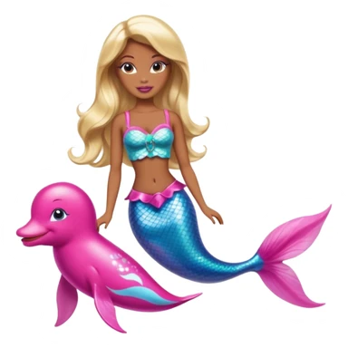 Brown skin blonde hair barbie mermaid with pink dolphin  sticker