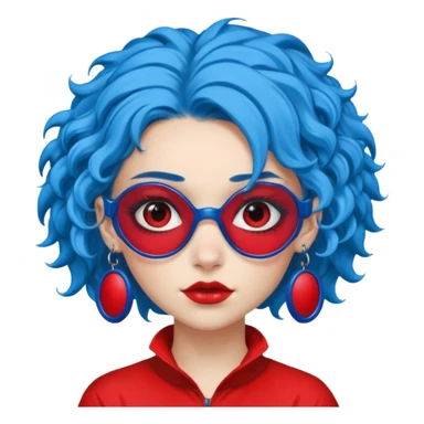 blue curly haired girl with huge earrings, wearing red paintball eye protection, only face  sticker