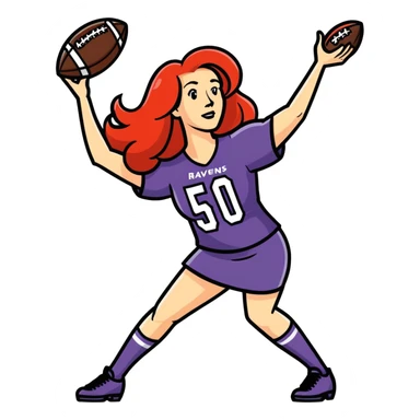 Make a sticker of a 50 year-old attractive woman throwing a football. She has long red hair and she’s saying go ravens sticker